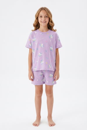 Kız Çocuk %100 Pamuk-Baskılı Ve Şortlu Pijama Takımı 3-13 Yaş 12722IS