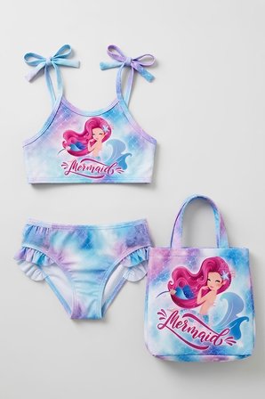 Kız Çocuk Çantalı 3'lü Mayo Takımı (Çanta+Mayo+Bikini) 3-10 Yaş 12732N