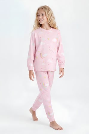 %100 Pamuk ve Baskılı Kız Çocuk Pijama Takımı 8-13 Yaş 12739IS