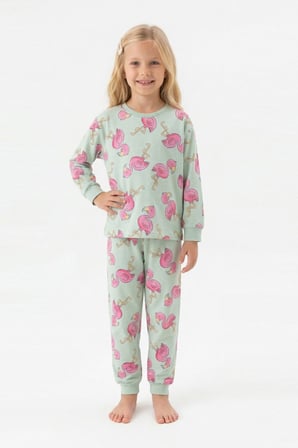 Kız Çocuk %100 Pamuk ve Filamingo Desenli Pijama Takımı 3-8 Yaş 12744IS