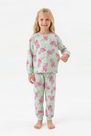 Kız Çocuk %100 Pamuk ve Filamingo Desenli Pijama Takımı 3-8 Yaş 12744IS