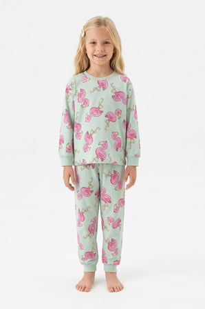 Kız Çocuk %100 Pamuk ve Filamingo Desenli Pijama Takımı 3-8 Yaş 12744IS