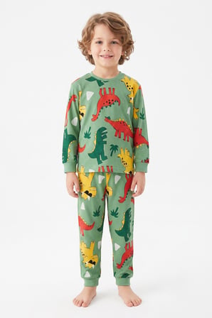 %100 Pamuk ve Dinazor Baskılı Erkek Çocuk Pijama Takımı 3-8 Yaş 12745IS