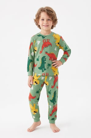 %100 Pamuk ve Dinazor Baskılı Erkek Çocuk Pijama Takımı 3-8 Yaş 12745IS