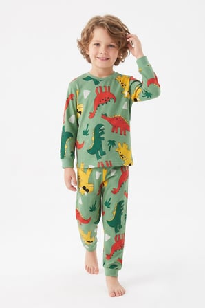 %100 Pamuk ve Dinazor Baskılı Erkek Çocuk Pijama Takımı 3-8 Yaş 12745IS