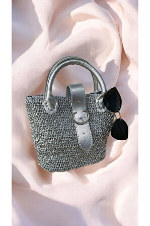 El Yapımı Parlak Gri El ve Kol Çantası