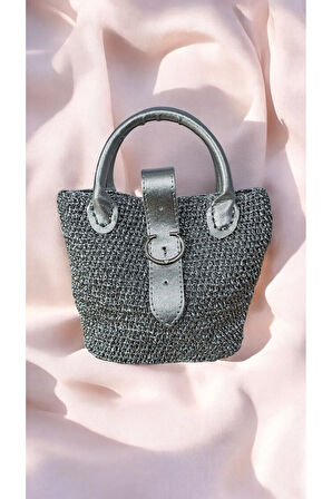 El Yapımı Parlak Gri El ve Kol Çantası