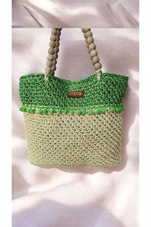 El Yapımı Ekru Yeşil Örgü Kol ve Omuz Çantası