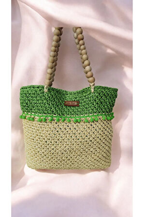 El Yapımı Ekru Yeşil Örgü Kol ve Omuz Çantası