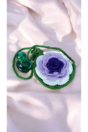 El Yapımı Yuvarlak Mor Çiçek Desenli Küçük Omuz Çantası