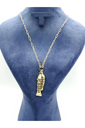 2 Balıklı Gold Renk Çelik Kolye