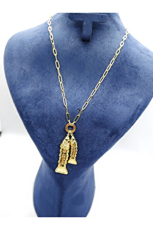 2 Balıklı Gold Renk Çelik Kolye