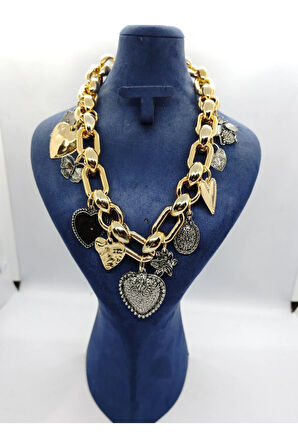 Gold Renk Kalp Figürlü Çelik Etnik Kolye