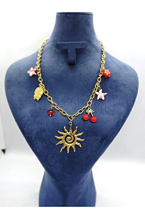 Gold Renk Güneş Figürlü Çelik Etnik Kolye