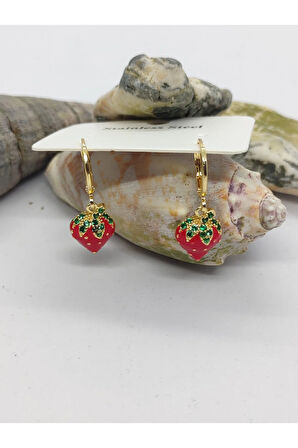 Çİlekli Sallantılı Taşlı Çelik Küpe