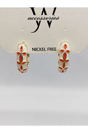 Çelik Halka Beyaz Turuncu Desenli Küpe