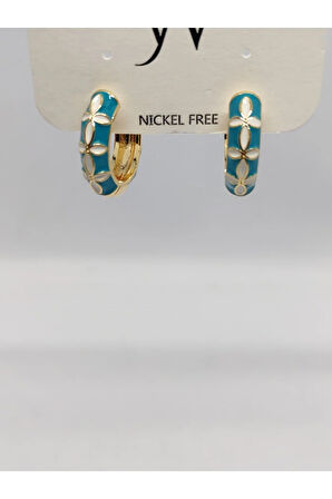 Çelik Halka Mavi Beyaz Desenli Küpe