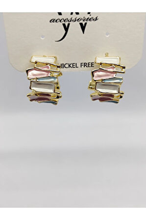 Çelik Halka Otantik Beyaz Pembe Yeşil Küpe