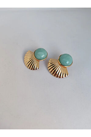 Çelik İstiridye Desenli Küpe Yeşil Doğal Taşlı