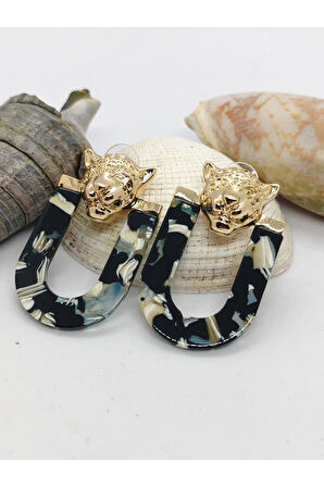 Çelik Kaplan Figürlü Siyah Leopar Desenli Küpe