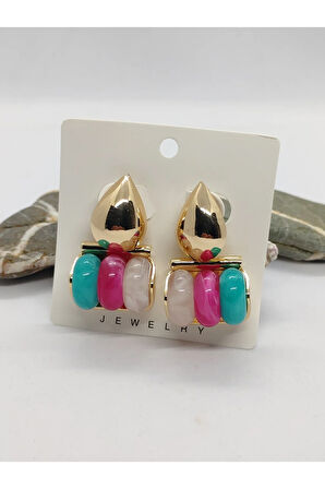 Çelik Sallantılı 3 Renk Küpe Yeşil Pembe Beyaz