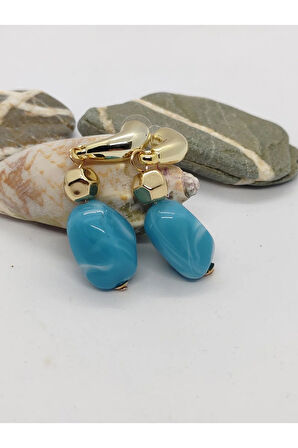 Çelik Sallantılı Doğal Taşlı Mavi Küpe