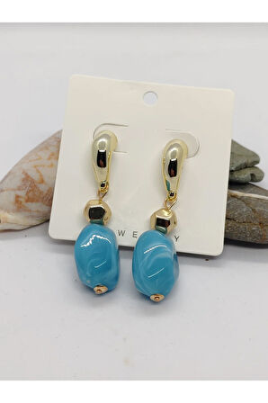 Çelik Sallantılı Doğal Taşlı Mavi Küpe