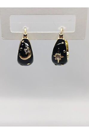 Çelik Sallantılı Halka Ay Yıldızlı Siyah Küpe