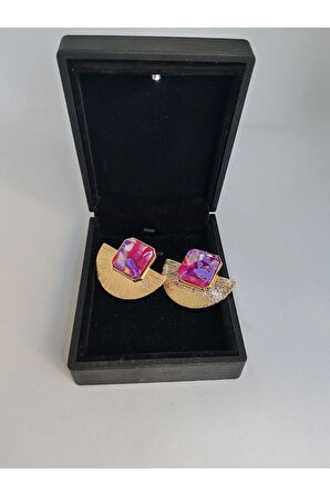 Çelik Yelpaze Figürlü Küpe Mor Doğal Taşlı