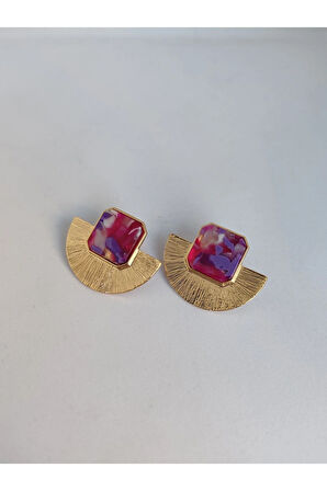 Çelik Yelpaze Figürlü Küpe Mor Doğal Taşlı