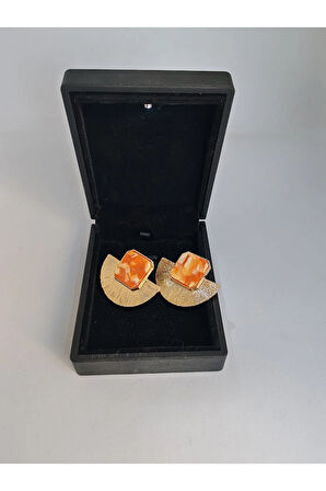 Çelik Yelpaze Figürlü Küpe Turuncu Doğal Taşlı