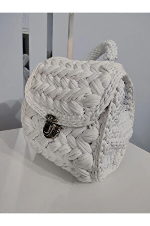 El Yapımı Orta Boy Beyaz Renk El ve Sırt Çantası