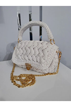 El Yapımı Orta Boy Beyaz Renk El ve Omuz Çantası