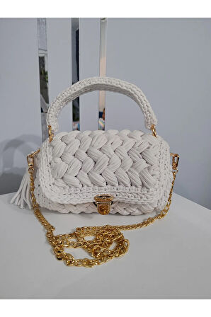 El Yapımı Orta Boy Beyaz Renk El ve Omuz Çantası