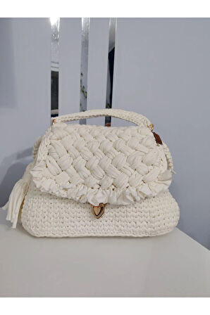 El Yapımı Orta Boy Ekru Renk El ve Sırt Çantası