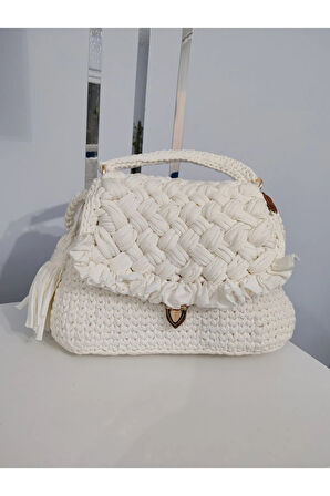 El Yapımı Orta Boy Ekru Renk El ve Sırt Çantası