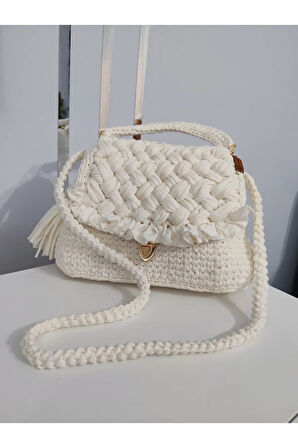 El Yapımı Orta Boy Ekru Renk El ve Sırt Çantası