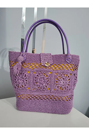 El Yapımı Büyük Boy Lila Renk El ve Kol Çantası