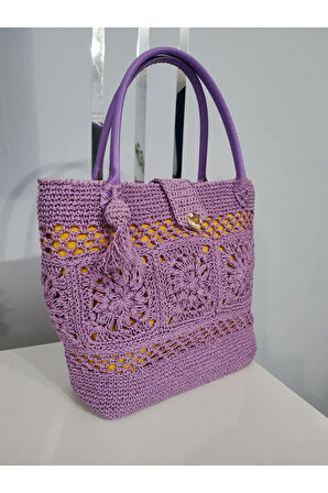 El Yapımı Büyük Boy Lila Renk El ve Kol Çantası