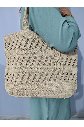 El Yapımı Büyük Boy Bej Renk El ve Kol Çantası