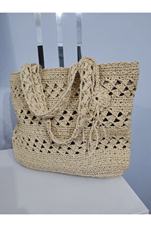 El Yapımı Büyük Boy Bej Renk El ve Kol Çantası