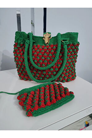 El Yapımı Orta Boy Çilek Desen El ve Kol Çantası Mini Cüzdanlı