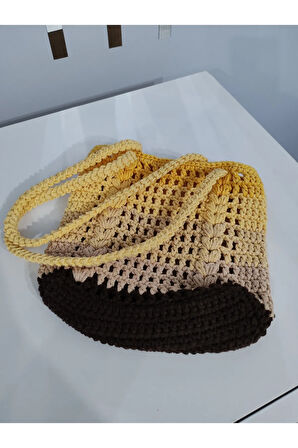 El yapımı Örgü Sarı Kahve renkli Küçük El Çantası