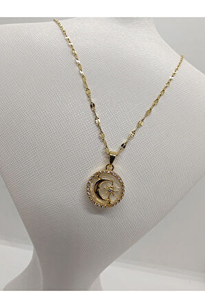 Yuvarlak Yıldız Figürlü Çelik Kolye Gold