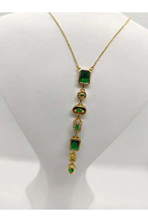 7 Element Figürlü Çelik Kolye Zümrüt Gold