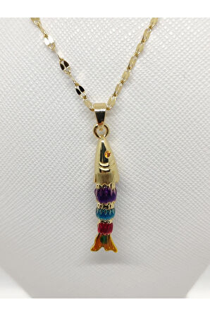 Renkli Balık Figürlü Çelik Kolye Gold