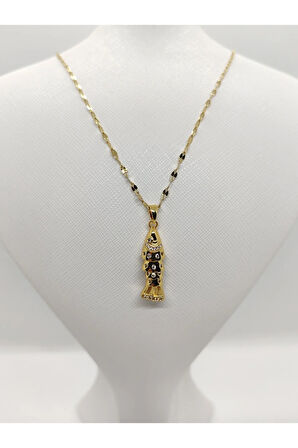 Taşlı Balık Figürlü Çelik Kolye Gold