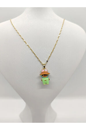 Yeşil Şapkalı Labubu Figürlü Çelik Kolye Gold