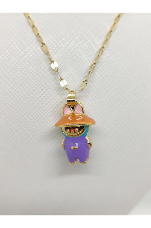 Lila Şapkalı Labubu Figürlü Çelik Kolye Gold
