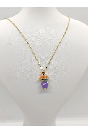 Lila Şapkalı Labubu Figürlü Çelik Kolye Gold